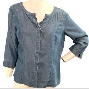 J. Jill Button Front 3/4 Sleeve Top Ruffle Neck Sz M Blue 116D